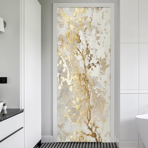 REDAMANCY White Beige Cream Yellow Abstract Marble Peel and Stick Door Stickers Vinyl Decals Decor Modern Self-Adhesive, Waterproof, Removable