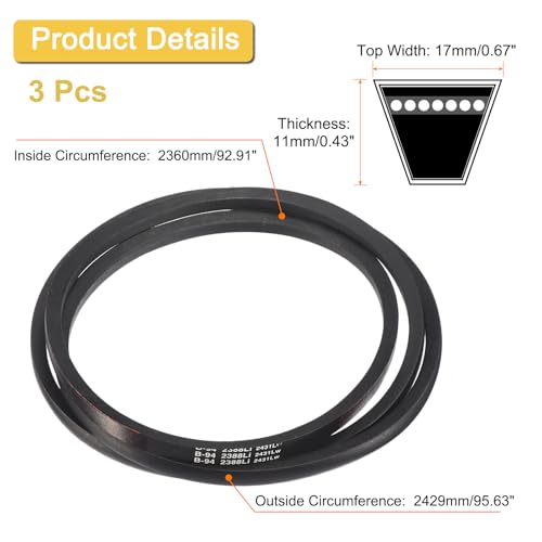 Image of uxcell 3 Pack B94 Classic Wrapped V-Belt, 97 inch Outside Circumference Wrapped Industrial Rubber V-Belt B Profile V-Belt for Industrial Machinery Equipment, Black