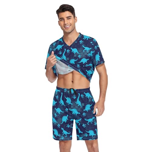 Men's Short Sleeve Pajama Set Cute Dinosaurs Blue Summer Pjs Set 2 Piece Loungewear Sleepwear with Pockets3
