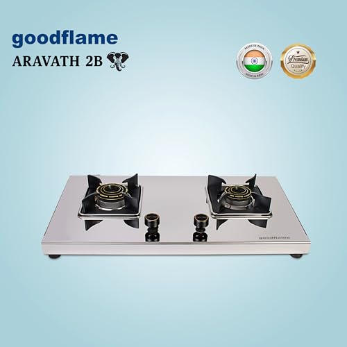 Image of goodflame Aravath 2 Burner Stainless Steel Gas Stove for Kitchen | Heavy 2MM SS Body | Brass Burners | 2 Year Warranty | ISI Certified | Manual Ignition | LPG Ready and PNG Compatible, (Silver)