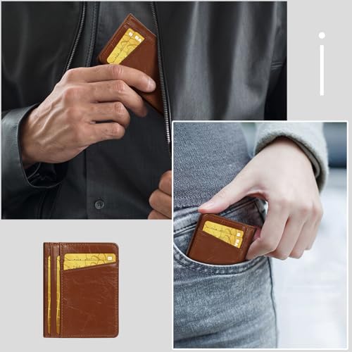 Image of Unaone Slim Minimalist Wallet - Premium Leather Card Holder RFID Blocking Card Case with 8 Card Slots and 2 ID Window, Crackle Brown