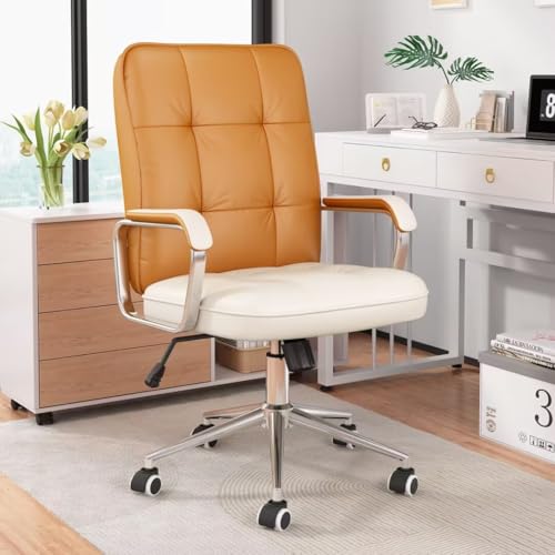 Genpo Brown Office Chair with Soft Leather, Swivel Executive Office Desk Chair with Wheels and Padded Arms, Adjustable Height