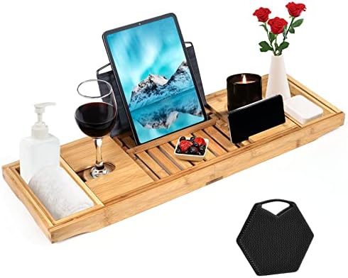 Bath Tray for Bathtub, Bamboo Bathtub Tray with Holders and Organizers, Bathtub Trays for Tub Expandable, Bathroom Caddy with Free Silicone Cleaning Brush