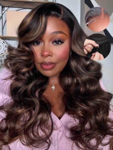 Image of Beauty Forever Balayage Brown Body Wave Glueless Human Hair Wig, Wear and Go Wig for Beginners, 7x5 Lace Pre Plucked Pre Cut Bleached Knots, No Glue Drawstring Cap, Natural Look 150% Density 20 inch