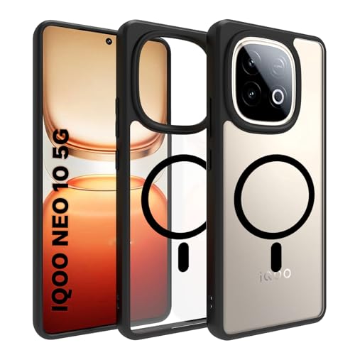 Image of RIGGEAR Shockproof Sleek Hybrid Armor Magnetic Back Cover Case Compatible with MagSafe Accessories for iQOO Neo 10 5G (Black TPU Bumper with Clear PC)