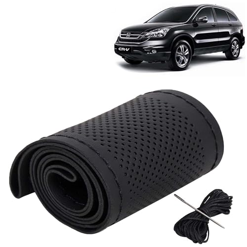 Image of KINGSWAY PU Leatherite Car Steering Cover Sewable Compatible with Honda CRV (Year 2007-2011), Black Color with Black Thread, Pack of 1 with Sewing Needle and Thread