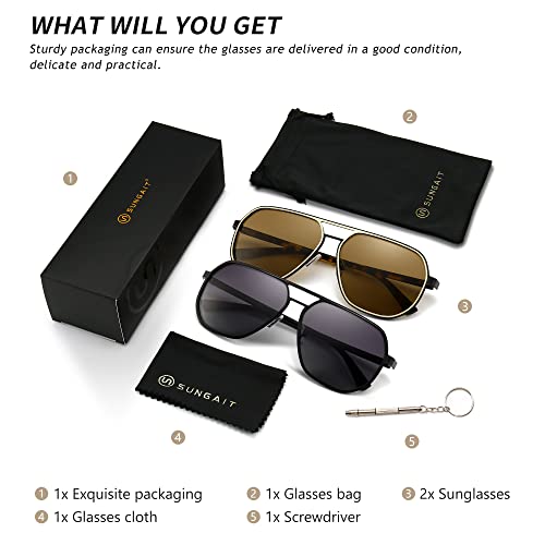 Sungait Polygon Aviator Sunglasses For Men Polarized Trendy Square Sun Glasses Retro Pilot Shades Uv Protection (Black/Gradient Grey & Amber/Brown, 60) #TOP5