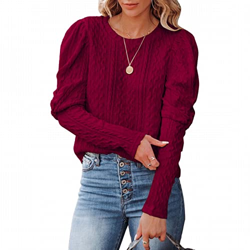 LIAOPUFUS Femme Pull Style Courtois Vintage Col Rond Décontracté Pull-Over Tricoté à Manches Bouffante Chandail Lâche Casual (Rouge, 2XL) Cover