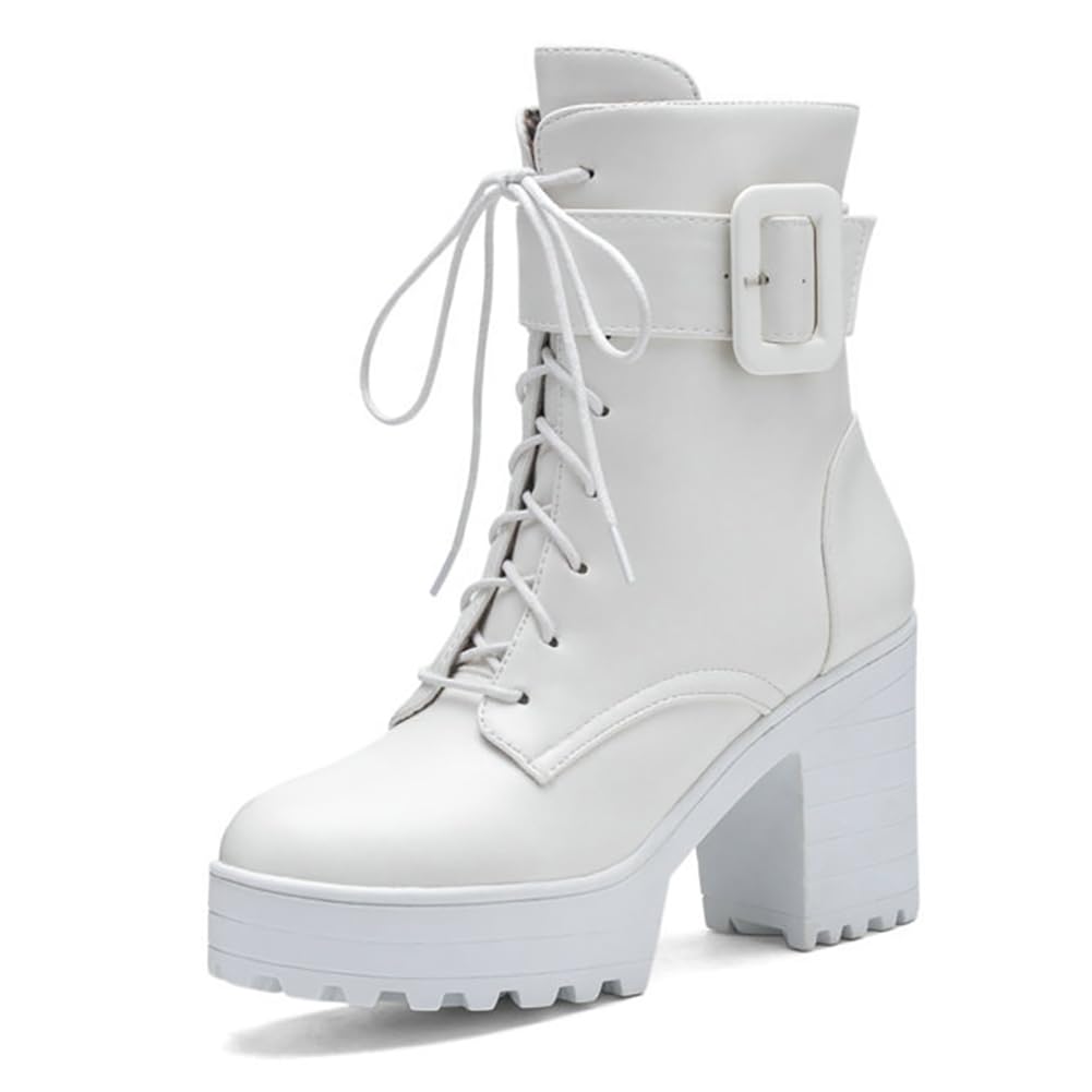 Mujer Botines Militares con Tacón Ancho Plataforma con Cordones Punta Redonda Punk Gótico Botas De Combate con Cremallera