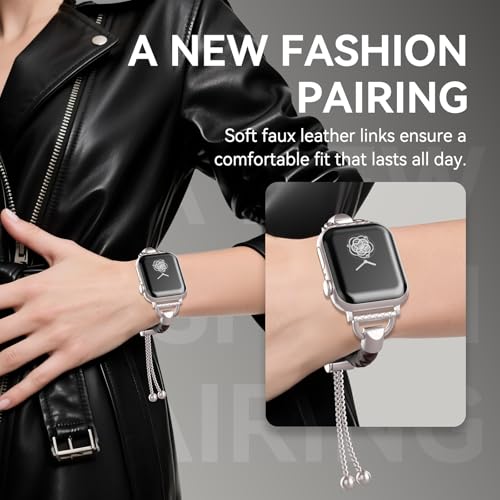 Image of Leather and Metal Band Compatible with Apple Watch Bands for Women,Adjustable Designer Cute Stylish Strap for iWatch Series11 /10 /9 /8 /7 /6 /5 /4 /3 /2 /1 /SE /Ultra