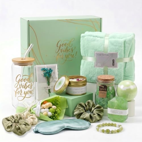 Ourelf Mothers Day Gifts for Mom, 12-Piece Self Care Gift Basket, Jasmine Spa Set with Glass Cup, Candle, Bath Bombs, Birthday Gift for Her