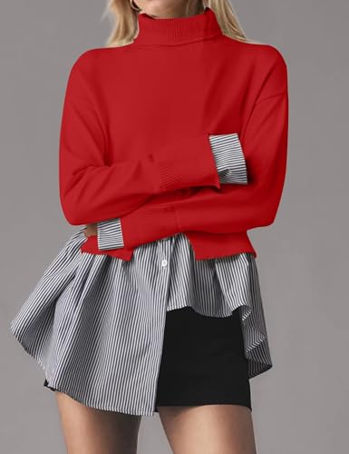 Image of MISSACTIVER Women Slit Turtleneck Patchwork Sweater 2 in 1 Buttons Down Pullover Knit Sweater Asymmetrical Hem Shirt Top