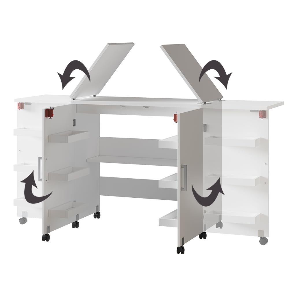 Vicco Mesa de Costura Carmen, Blanco, 160 x 80.2 cm con 6 estantes, Plegable con Ruedas para Uso Flexible como Mesa de Trabajo