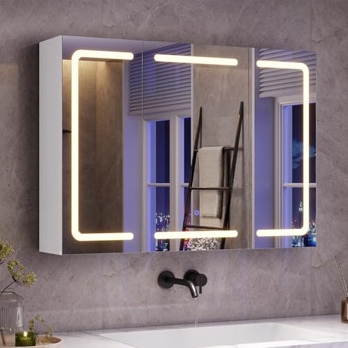 mojiasion Specchio Bagno LED con Presa Elettrica + USB–3 Ante-Design 360°, Memoria Luminosità,80x16x60 cm Mobiletto Specchio Bagno Sospeso | 3 Ripiani Regolabili, Bianco, Impermeabile Sospeso 80x60 cm