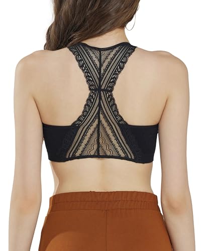 noflik Women's Seamless Lace Racerback Padded Ribbed Knit Bralette(Black, Medium)