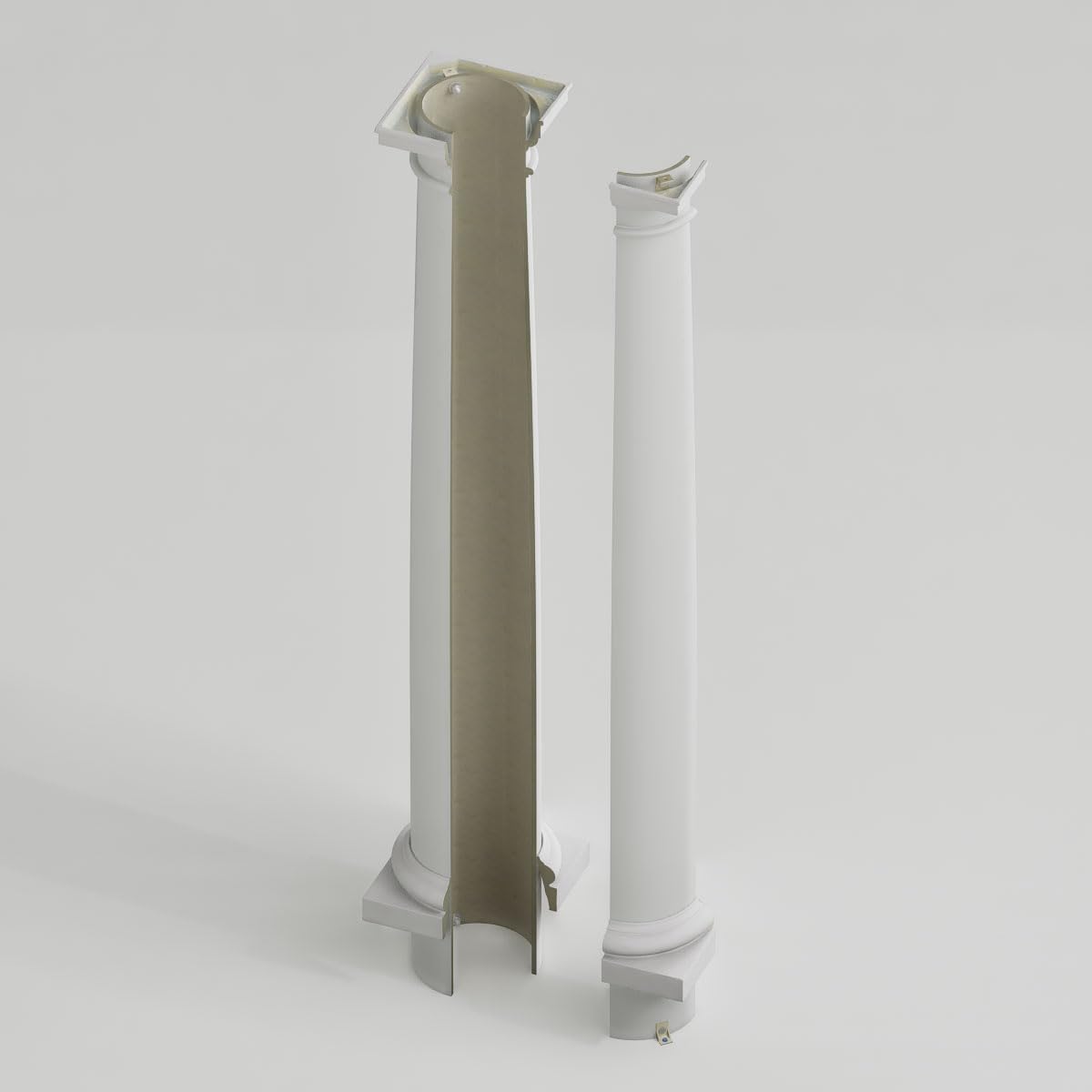 Round Tapered Column (FRP), Smooth Paint-Grade, Tuscan Capital & Base, 10" Bottom Shaft Diameter x 8 1/2" Top Shaft Diameter x 12' Overall Height - 1/4 Cut Out for Inside Corner (Plan Q)