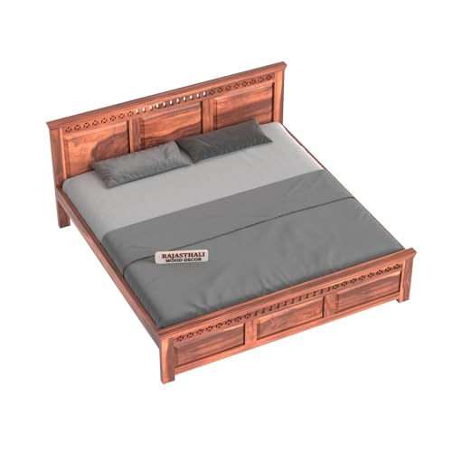 Image of Kuber Sheesham Wood King Size Bed Without Storage (81x74 Inch) | Wooden Double Bed Cot for Bedroom Furniture | Modern Palang Design for Home & Hotels | Honey Finish