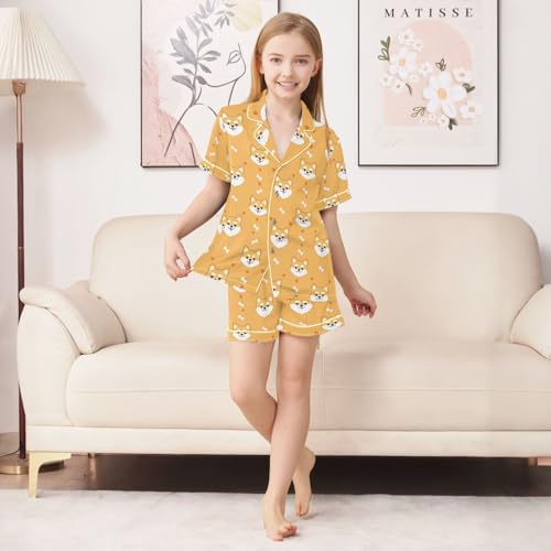 Cute Shiba Inu Pattern Summer Satin Pajama Set, Cute Button-Down Sleepwear Pj Set for Sleep Wears3