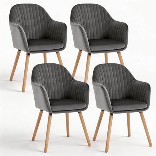 WOLTU Esszimmerstühle 4er Set, für Schlafzimmer Küche Wohnzimmer, Küchenstühle gepolstert mit Armlehne, aus Samt Massivholz, Dunkelgrau