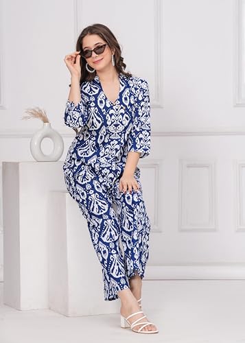 Image of Women's Pure Cotton Co-Ord Set | Three-Quarter Sleeves-Mandarin Collar Top & Palazzos | Printed Casual Wear Co-Ord Set for Women