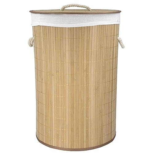 Home Basics Foldable Bamboo Laundry Basket Hamper (Round, Natural)