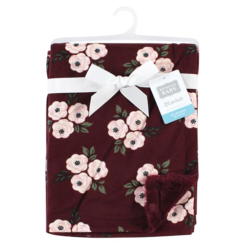 Image of Hudson Baby Unisex Baby Plush Blanket with Furry Binding and Back, Burgundy Floral, One Size