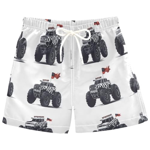 Pigsaly Boys Swim Trunks Red Flag White Black Checkered Monster Trucks Toddler Beach Board Shorts Summer Bathing Suit 3T