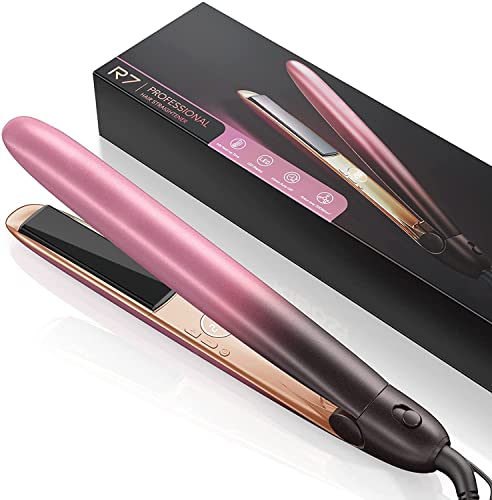 1 Inch Nano Titanium Flat Iron Hair Straightener and Curler 2 in 1 with Negative Ion Outlet, Dual Voltage Hair Straightener with Two Hair Clips and Heat Protective Glove, Rose Pink