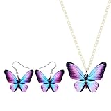 DUOWEI Acrylic Vibrant Morpho Butterfly Earring Butterfly Necklace Earring Set Charm Drop Dangle Pendant Jewelry Gifts for Women Teens Girls (Purple)