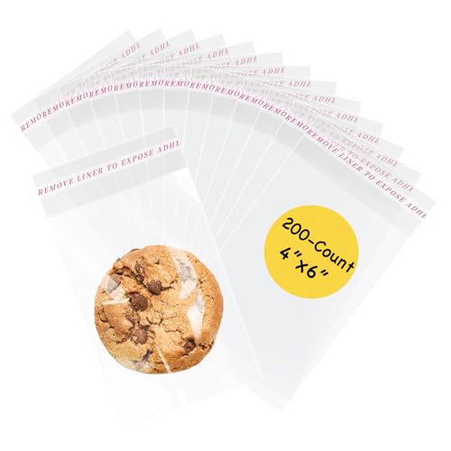 Yeaban 4x6 Clear Self-Sealing Cellophane Bags Resealable Treat Bags for Candy Snack Cookies Baked Food and Party Favors 200-Count