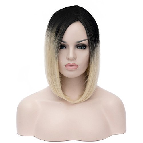 Kalyss Women's Wig Short Bob Dark Root Wig Women's Fashion Top Quality Heat Resistant Synthetic Ombre Black to Blonde Hair Wigs for Women