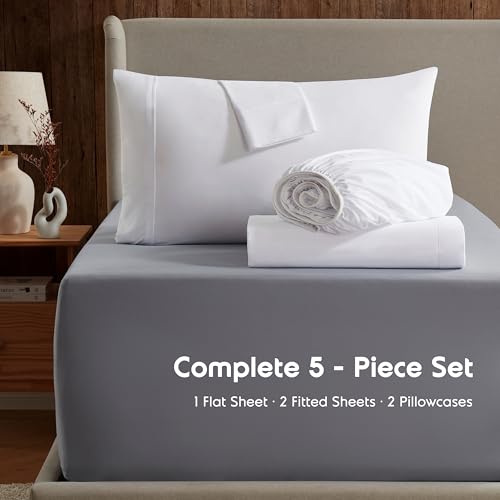 Image of Nestl Split King Bed Sheet Set - White - 5-Piece Deep Pocket | Instantly Soft, Night-One Ready (No Wash Required). Fits 16-Inch Deep Pockets, 360-Degree Elastic Grip