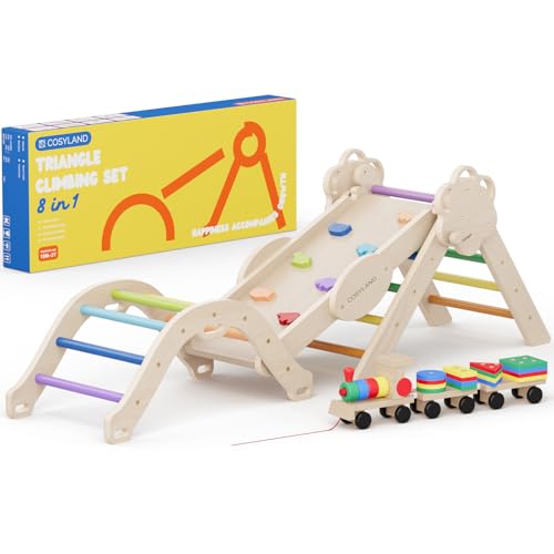 COSYLAND Set Arrampicata per Bambini - Palestra Bambini 8 in 1 con Triangolo di pikler Pieghevole in Legno per 18M-3Y,...