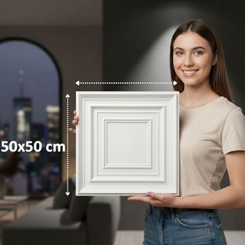Image of Kayra Decor 3D PVC Wall Panels for Bedroom & Living Room | Frame Design | White Color | 19.7 x 19.7 Inch | Pack of 18 | 48.42 Sq Ft