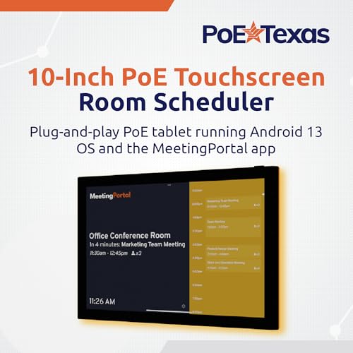 Image of PoE Texas Low Profile 10-Inch Touchscreen Conference Room Scheduler PoE Tablet with Visible LED Status Ring and MeetingPortal App - Touch Screen Digital Display Syncs with Your Business Calendar
