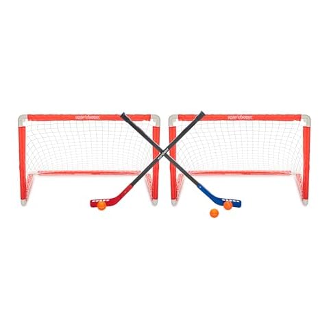 Road Warrior 36" Street Hockey Fold n' Goal Hockey Combo - 2 Folding Goal Hockey Net, 2 Hockey Sticks, 3 Steet Hockey Balls, Drawstring Carrying Storage Bag Cover