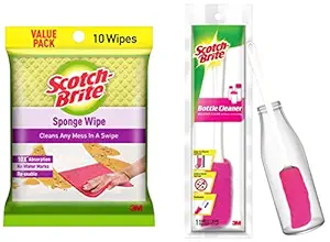 Scotch-Brite Plastic Bottle Cleaner Brush (Pink and White)+ScotchBrite Sponge Wipe (10 Pcs)