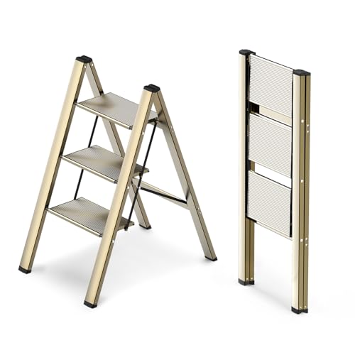 WOA WOA 3 Step Ladder, Foldable Step Stool, Aluminum Lightweight Ladder for Home Kitchen Closet, Anti-Slip Pedals, Ease of Folding, Portable, 300lbs Capacity - Gold