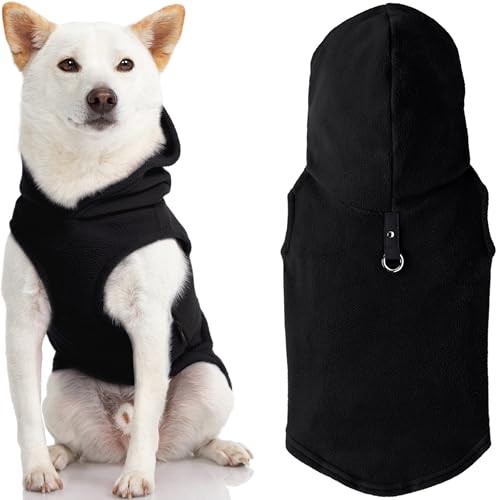 Gooby Fleece Vest Hoodie Dog Sweater Black Medium Warm Pullover Dog Hoodie with O Ring Leash Winter Hooded Small Dog Sweater Dog Clothes for Small Dogs Boy or Girl and Medium Dogs