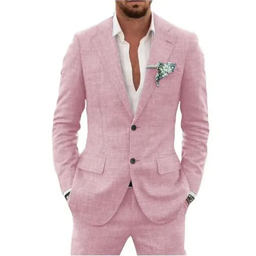 Men's Linen Men Suit 2 Piece Suit Slim Fit Two Button Suit Jacket Wedding Groomsmen Summer Beach Blazer Pants Tuxedo