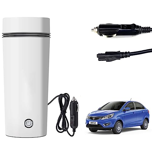 Image of Oshotto 12V Portable Electric Water Bottle for Hot Water Tea Coffee Kettle Mug Multipurpose Food Grade Fast Boil Auto Shut-off For Travel Camping, Road Trip Compatible with Tata Zest (350ml) - White