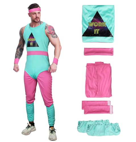 Tappkice 5 Pieces Mens 80s Workout Costume Sportswear Fitness Exercise Bodysuit Blue Leotard Leggings Leg Warmers Headband (Large)