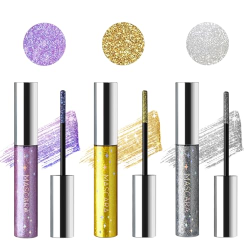 HOSAILY 3 Colors Glitter Mascara - Waterproof, Long Lasting, Lightweight, Smudge-Proof Colored Mascara - Diamond Sparkling Purple, Blue, Pink - Curling Eyelashes - Makeup for Party