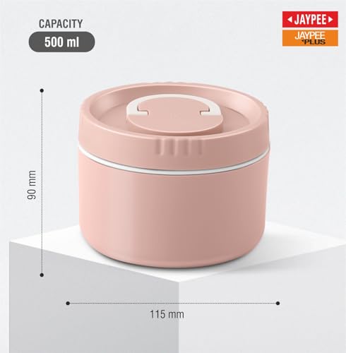 Image of Jaypee Plus Snackpac Sr. Airtight Leakproof Container 500 ml Lunch Box for School, Office, Ideal for Snacks and Meal, Keeps Food Hot & Fresh Inner Stainless Steel Easy to Carry Handle, Sanitary Pink