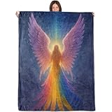 WKEDIN Rainbow Angel Blanket,50x60in,Cozy Flannel Throw with Radiant Winged Figure Flowing Hair Colorful Feather Starry Sky Design,Soft Lightweight Gifts Blankets for Women,Sofa Bed Travel Decor