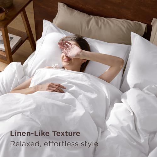 Bedsure 100% Washed Cotton Duvet Cover King - Bright White Minimalist Duvet Cover Linen Like for All Seasons - GentleSoft™ Plain Simple Cotton Bedding, 3 Pieces (Bright White, King, 104"x90")