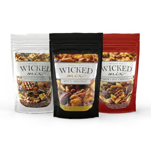 Image of Wicked Mix Snack Mix with Mixed Nuts - Sweet and Salty Snacks Trail Mix Snack Packs with Almonds, Cashews, Pretzels, Pecans - Healthy Snacks Zero Trans Fat in Resealable Bag (Smoky Hot Chipotle, Chocolate Laced, Original Mix Assortment)