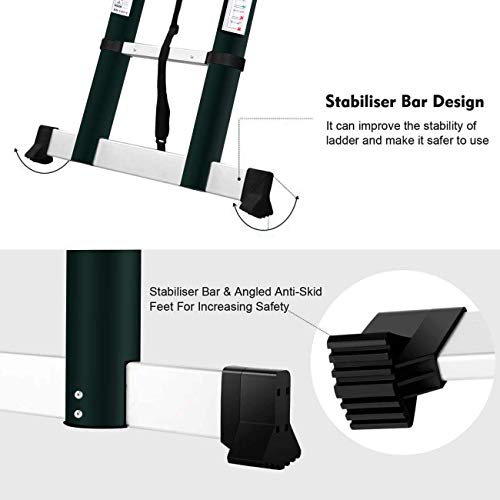 TOOLITIN 15.5FT Telescoping Ladder with Stabiliser Bar,Slow Down Design Aluminum Telescopic Extension Ladder, One Button Retraction Multi-Purpose Collapsible Ladder, 330 Lb Capacity - Thumbnail 3