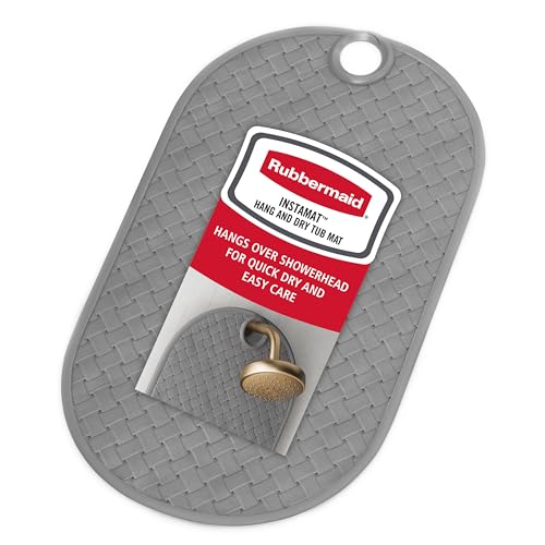 Rubbermaid INSTAMAT Bath Tub Shower Mat Non-Slip Tub Mat with Suction Cups Bath Mat Hangs on Showerhead for Quick Dry 27.2 x 15.2 Inch BPA-Free Easy to Clean for Inside Tub or Shower Grey