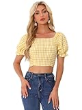 Allegra K Smocked Crop Top for Women's Bubble Sleeve Peasant Gingham Plaid Tops Medium Yellow